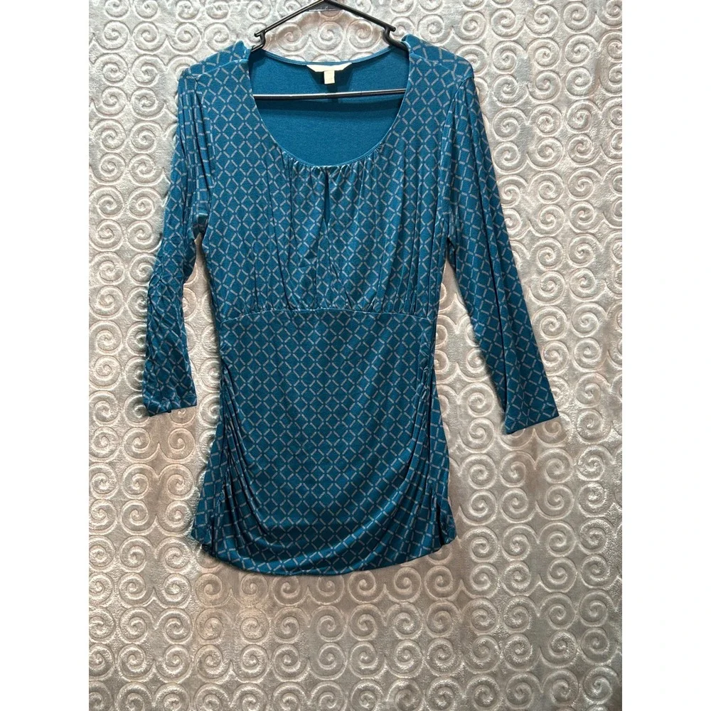 VTG Y2K Banana Republic Teal Blue Geometric Print 3/4 Sleeve Ruched Top Size S